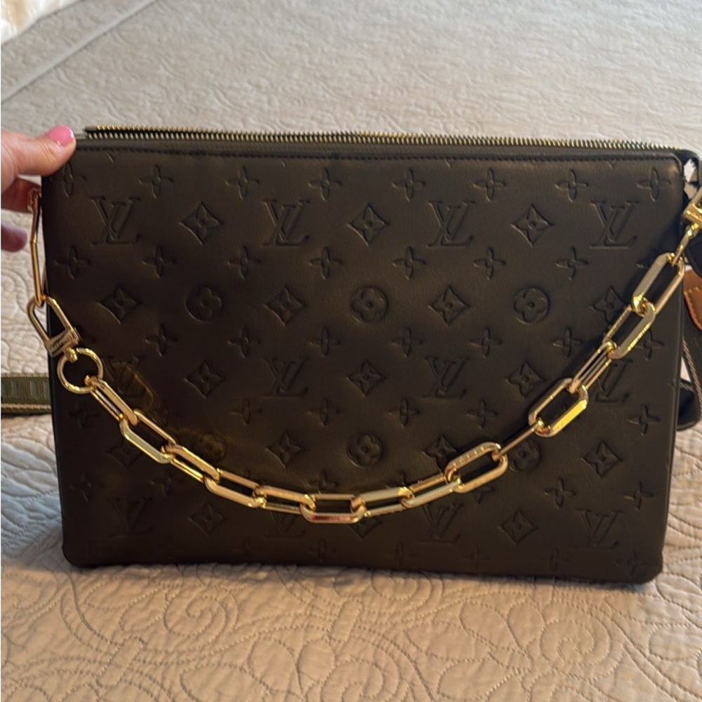 Louis Vuitton Dark Green Embossed Clutch with Gold Chain